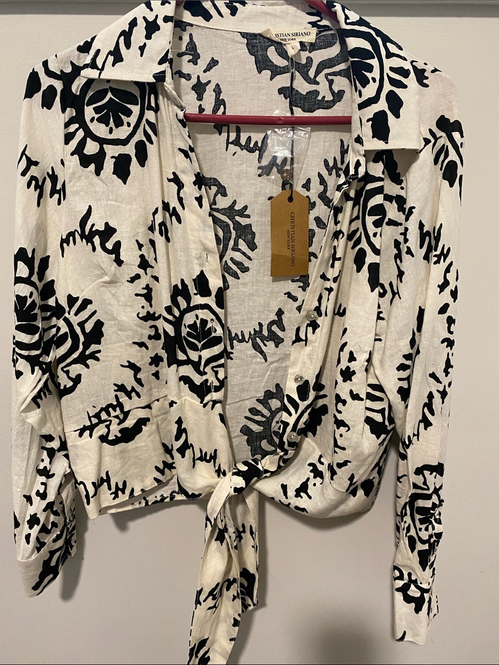 NWT Christian Siriano Black &Cream Tie-Front Button-Down Shirt Stunning!!